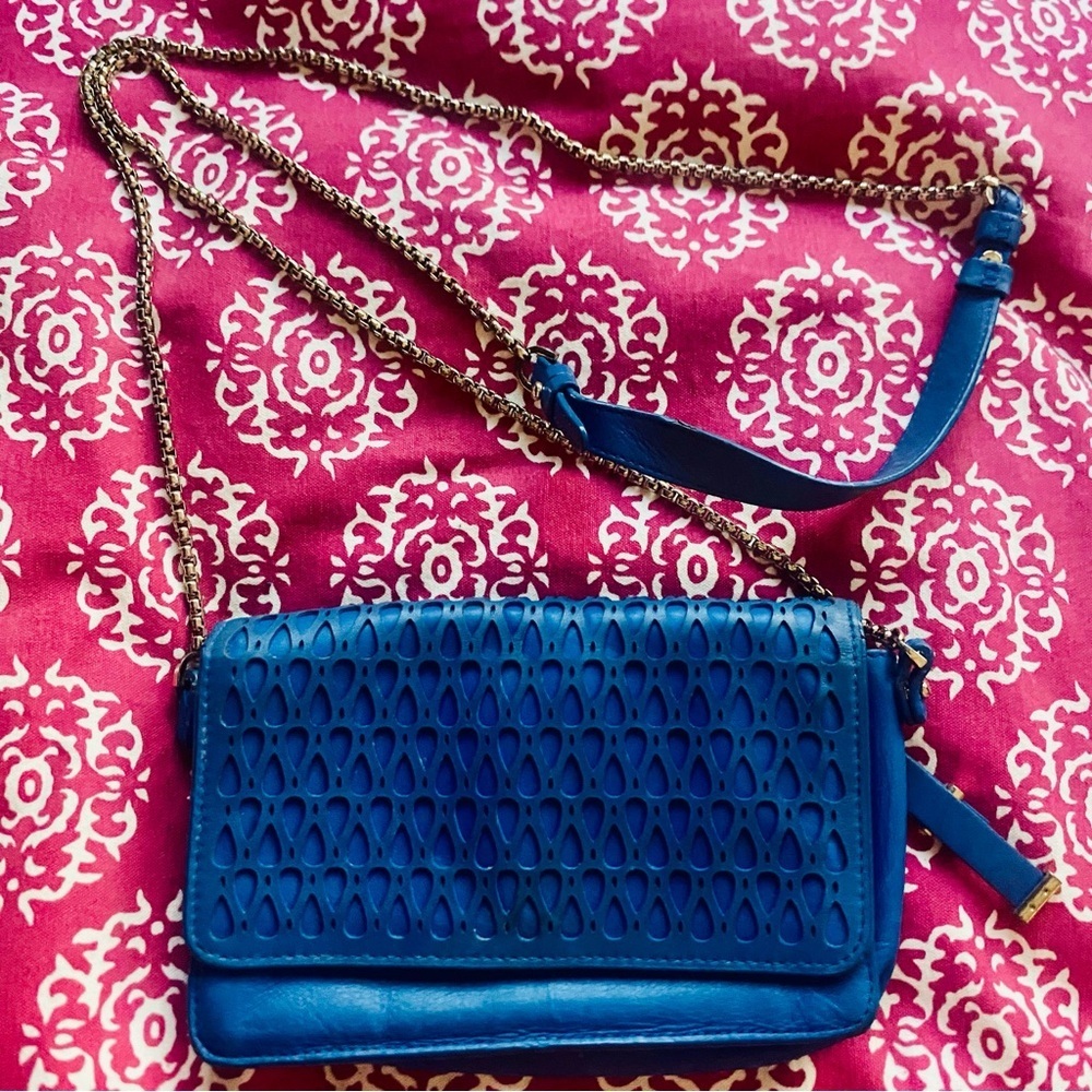 Stuart Weitzman
Blue Premium Leather Silver Box 
Chain Crossbody Bag